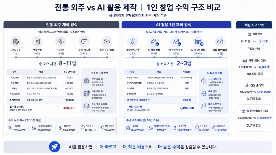 전통 외주와 AI 활용 제작의 1인 창업 수익 구조 비교