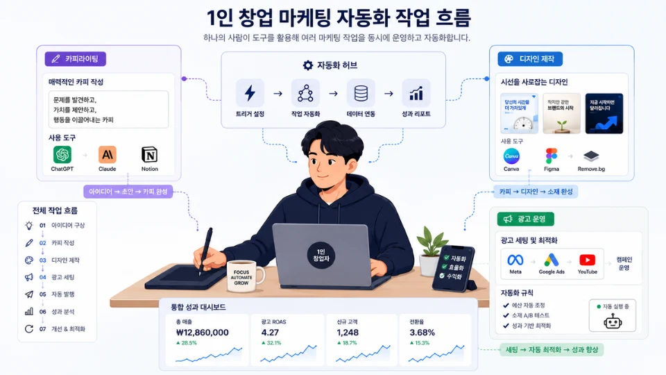 1인 창업 마케팅 자동화 작업 흐름을 보여주는 일러스트