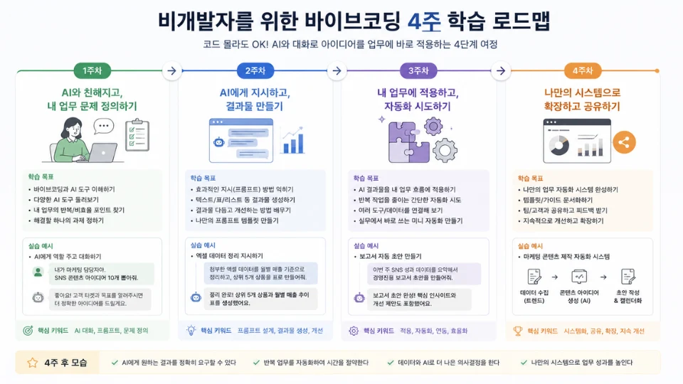 비개발자를 위한 바이브코딩 강의 4주 학습 로드맵 단계 도식