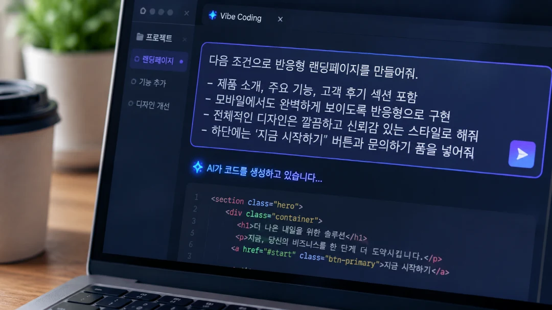바이브코딩으로 자연어 지시를 입력하는 노트북 화면