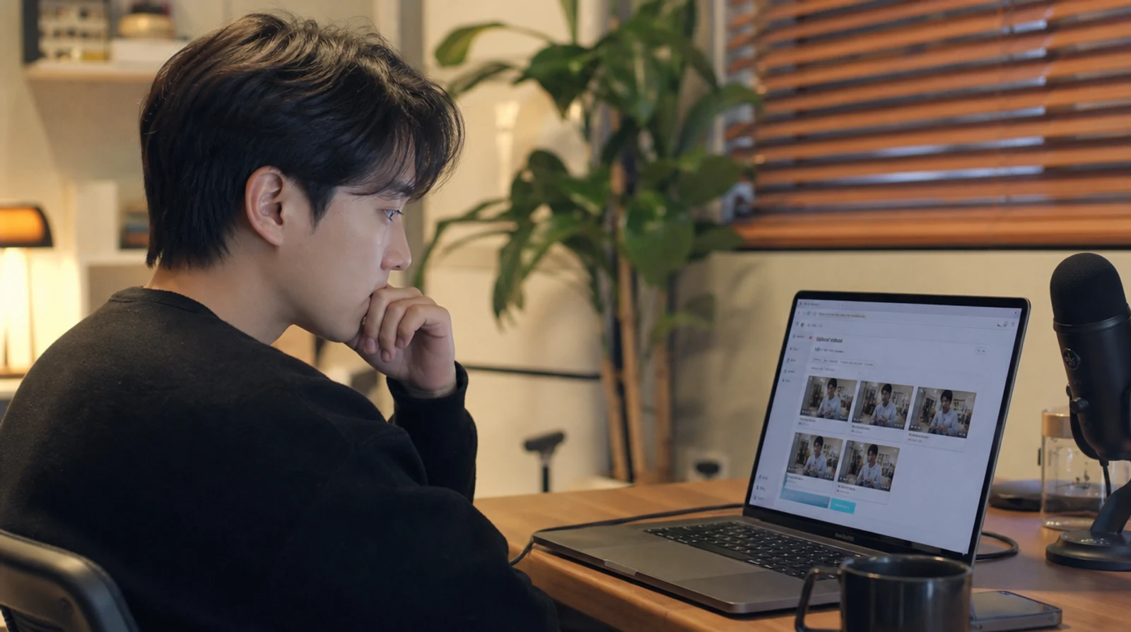 노트북 화면 속 여러 유튜브 썸네일 시안을 보며 고민하는 크리에이터의 모습