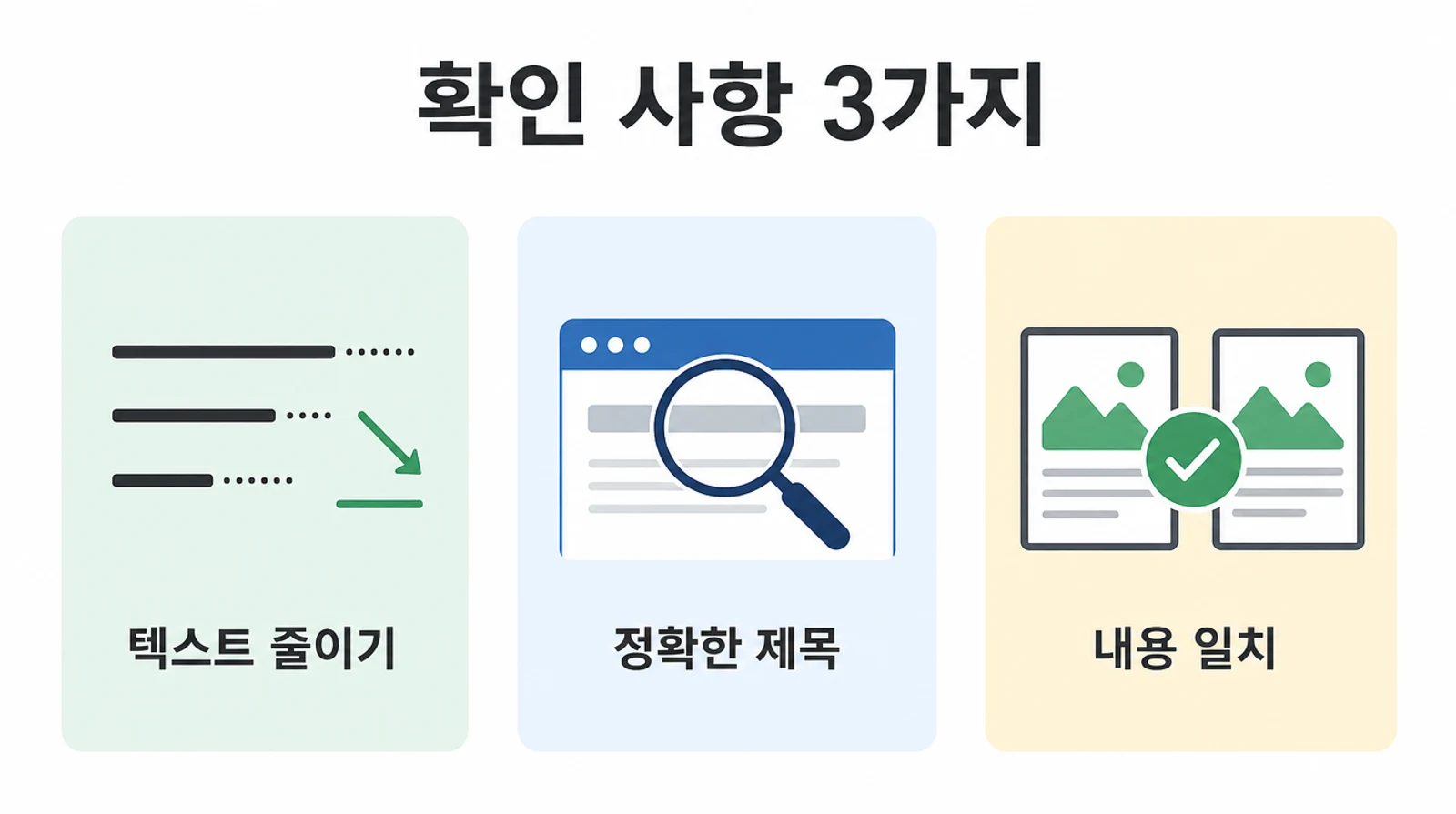 유튜브 썸네일 클릭률을 가르는 확인 사항 3가지를 텍스트 줄이기·정확한 제목·내용 일치로 보여주는 인포그래픽