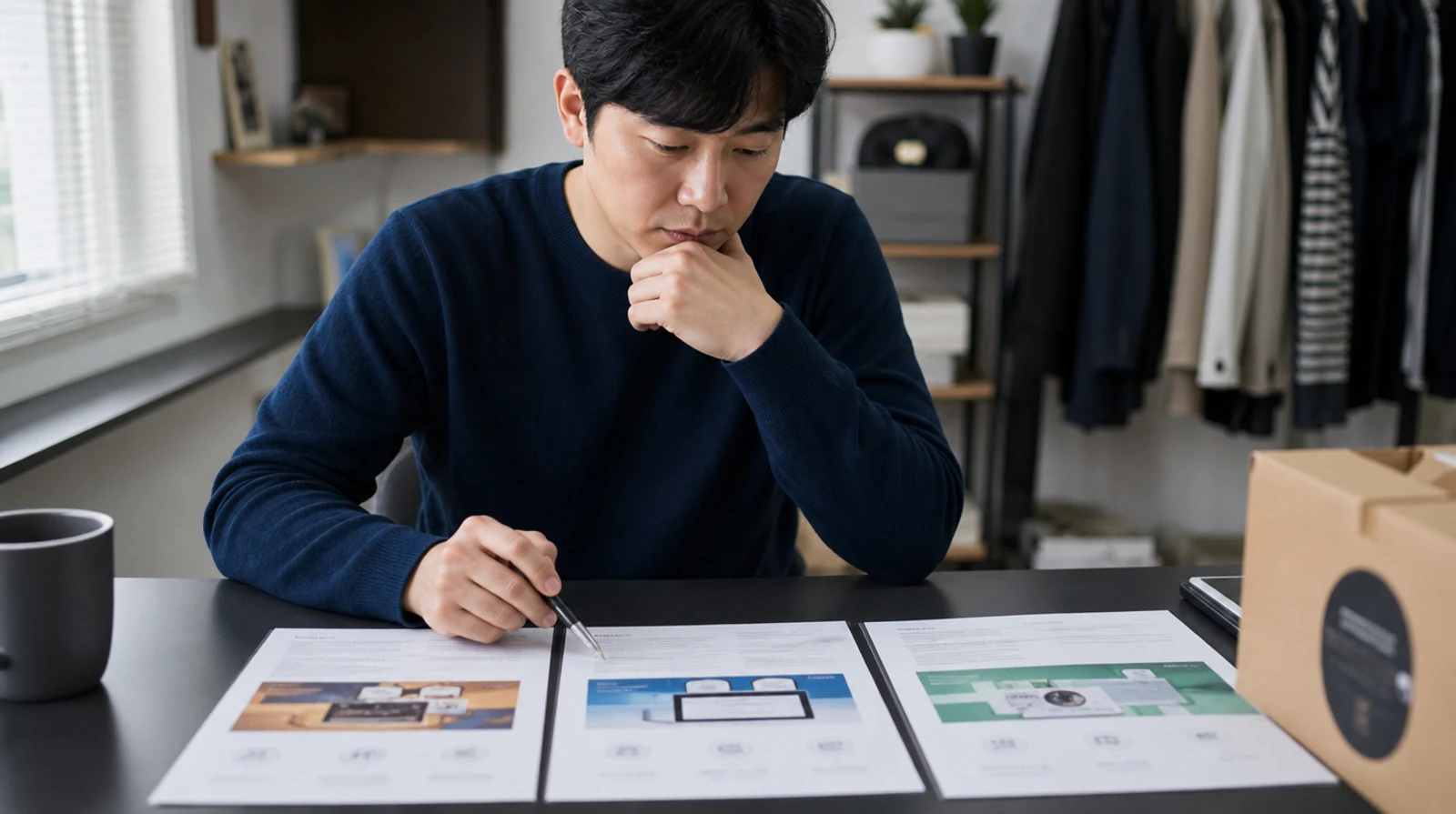 책상 위에 놓인 강의 안내지 세 장을 놓고 어느 것을 고를지 살펴보는 판매자의 모습