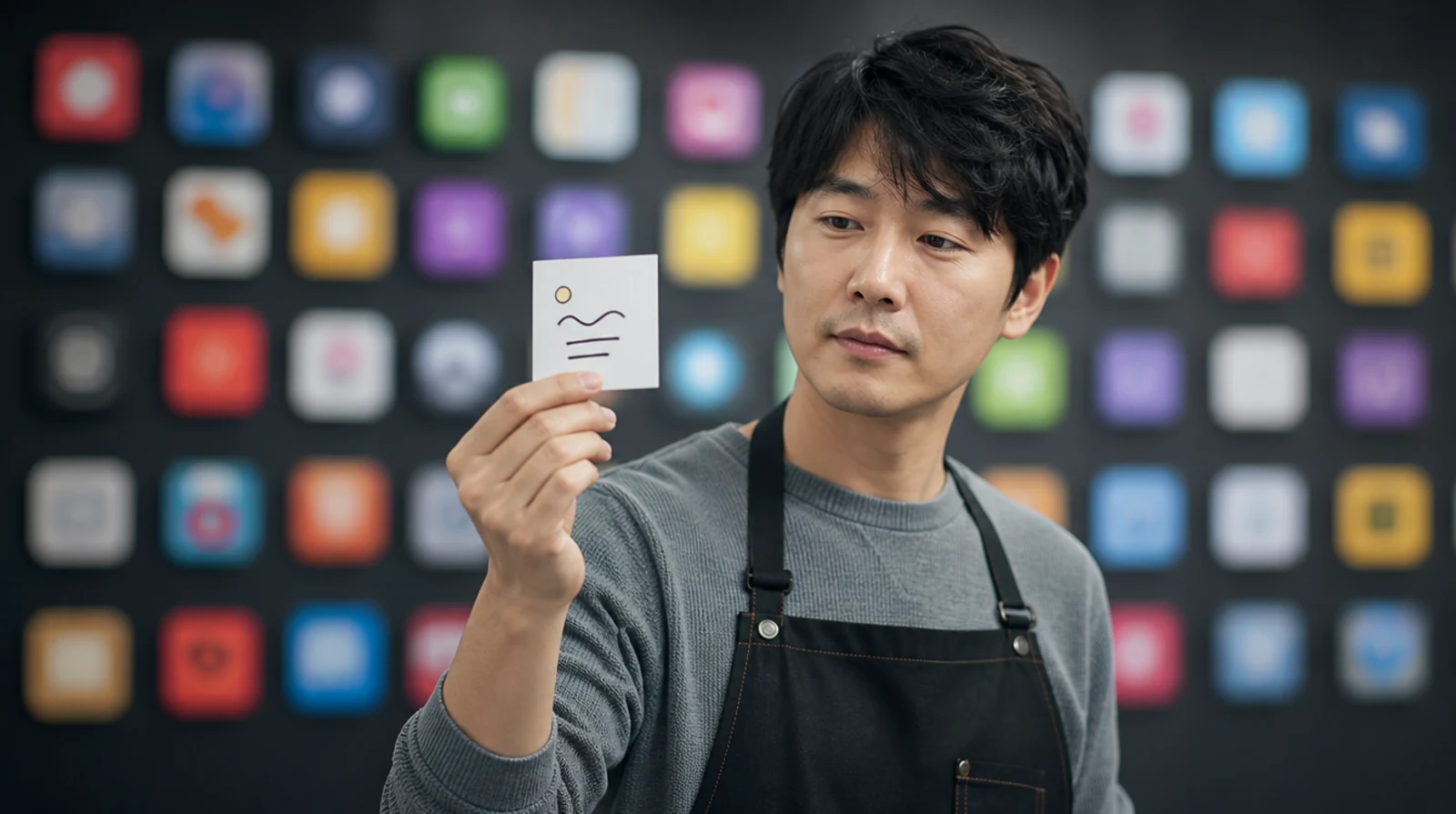 수많은 흐릿한 도구 아이콘들 앞에서 손에 든 카드 한 장에만 집중하는 사업자의 모습