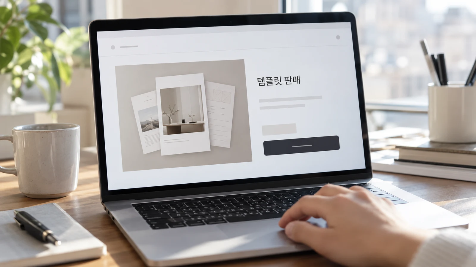 노트북 화면에 띄운 디지털 템플릿 판매 페이지 목업을 작업 중인 모습