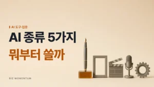 AI 종류 5가지, 뭐부터 쓸까 — 만년필·액자·슬레이트·마이크·톱니바퀴 다섯 사물 중 호박색 받침 위 만년필