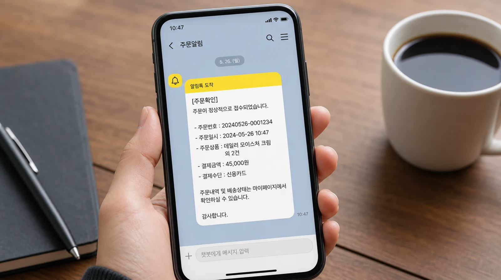 손에 든 스마트폰 화면에 주문 확인 알림 메시지가 도착해 있는 모습