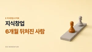 지식창업, 6개월 뒤처진 사람 — 타일 길 위 몇 칸 앞선 주황 폰과 뒤따르는 회색 폰