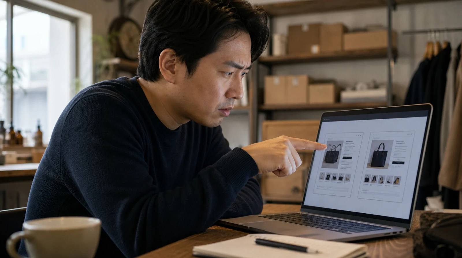 노트북 화면에 띄운 두 상세페이지 시안을 비교하며 살펴보는 판매자의 모습
